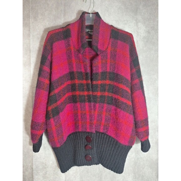 Vtg 80s I.B. Diffusion Mohair Wool Thick Furry Plaid Bright Cardigan Womens Sz L - Picture 3 of 15